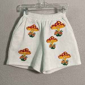 White‎ Fleece Lined Mushroom Embroidered Casual Summer Slouchy Shorts XS Goblin